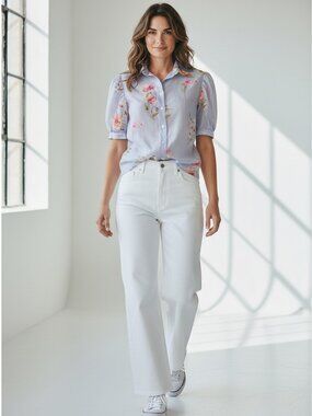 Lucky & Coco Lightweight Puff Sleeve Loose fit Floral Semi Sheer Blouse S